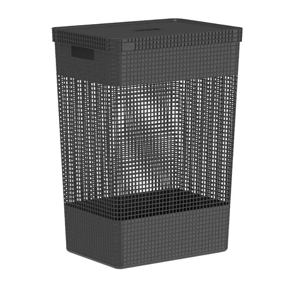 Cesto de Roupas com Tampa de Plástico Grid Ou 49 Litros - Preto