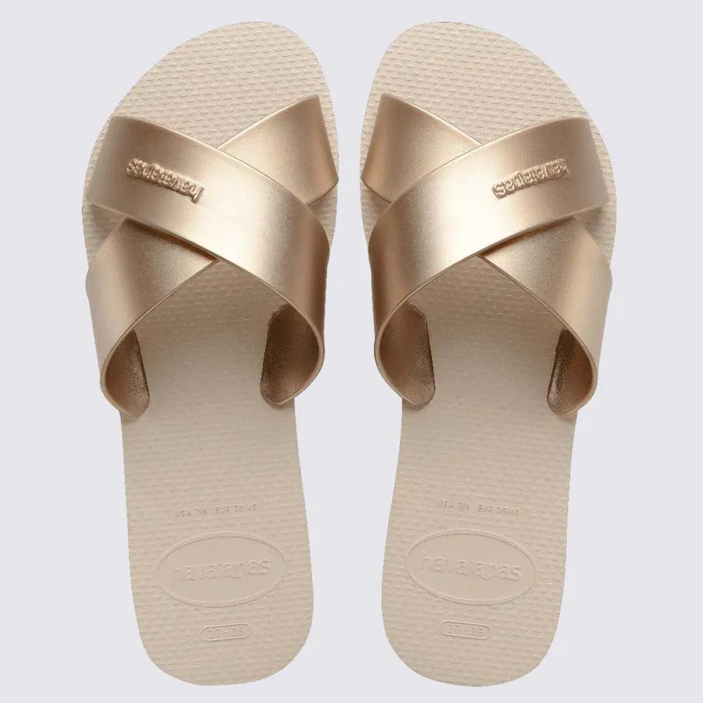 Chinelo Havaianas Feminino Aqua Metallic Bege Palha