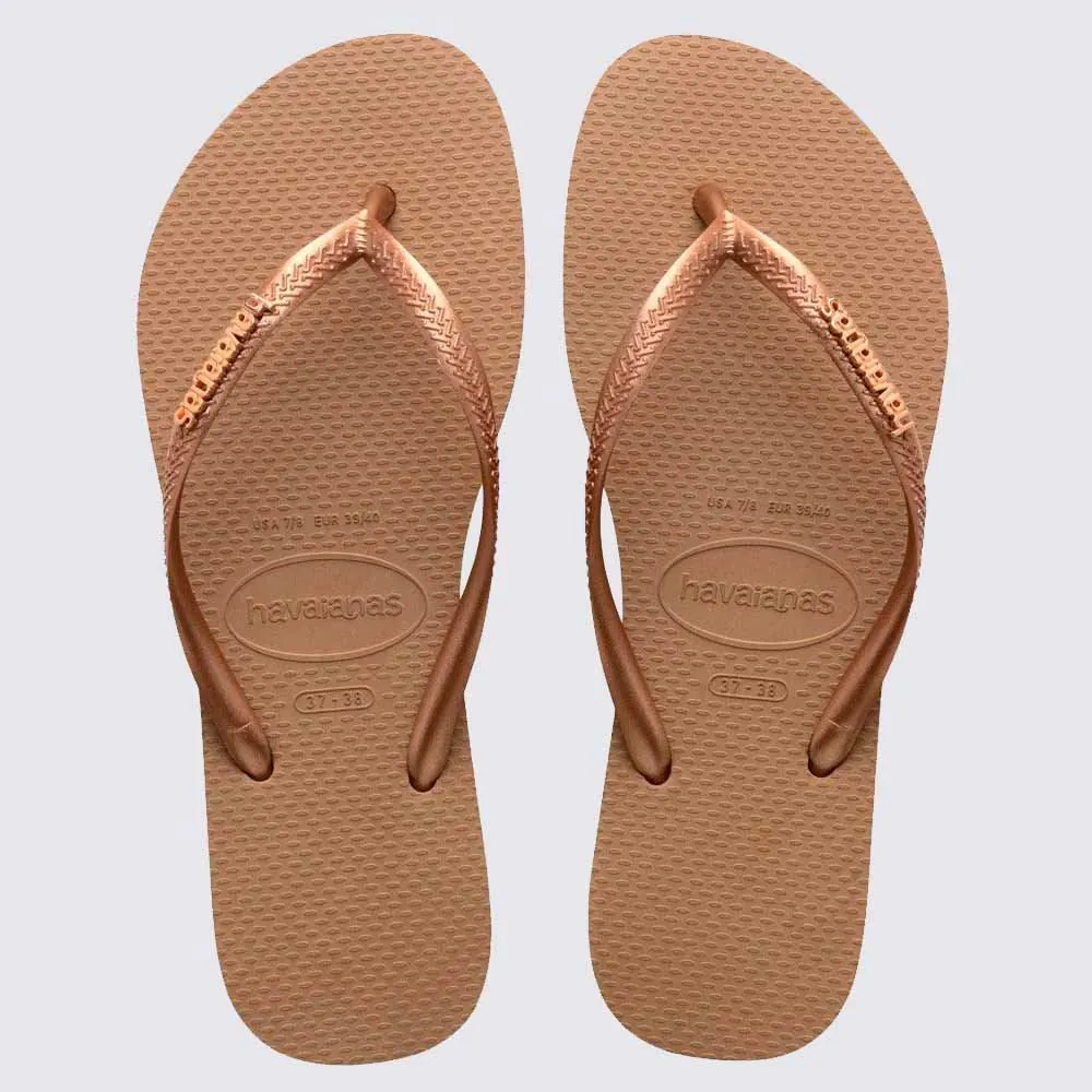 Chinelo Havaianas Feminino Slim Logo Metallic Rose Gold