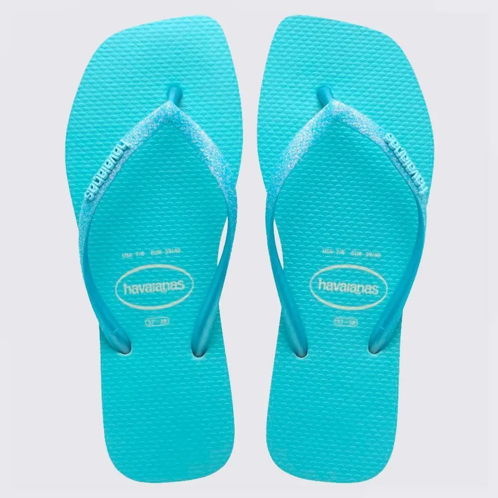 Chinelo Havaianas Feminino Slim Square Glitter Neon Bege Palha/Azul