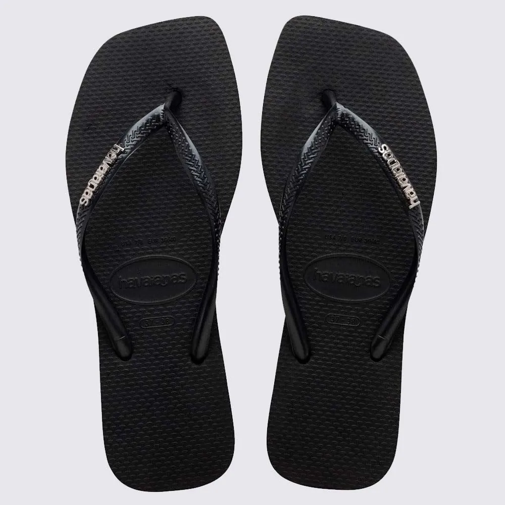 Chinelo Havaianas Feminino Slim Square Logo Metallic Preto/Prata
