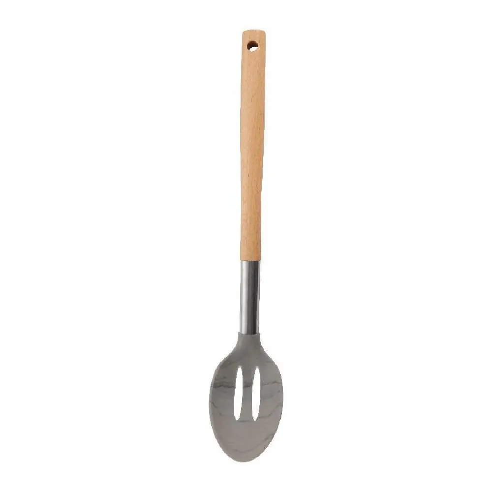 Colher Vazada de Silicone C/ Cabo de Madeira 36Cm - Cinza