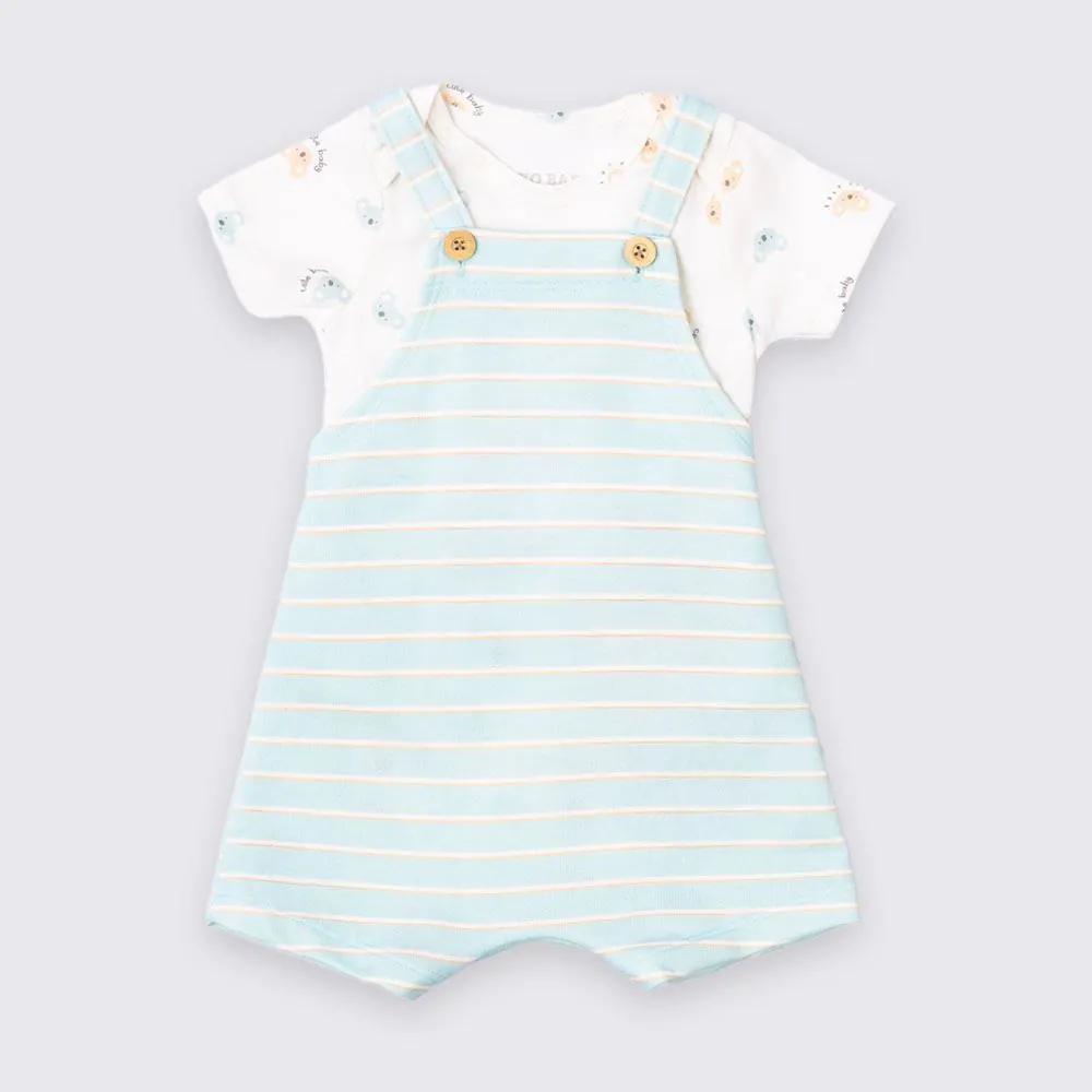 Conjunto Bebê Jardineira e Body Coala Yoyo Baby Azul Turquesa Listrado