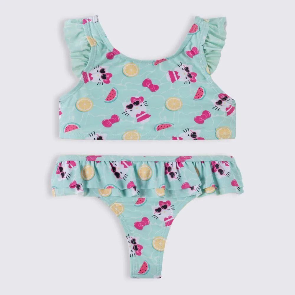 Conjunto Biquíni Infantil Hello Kitty 4 a 10 Anos Sanrio Verde Agua