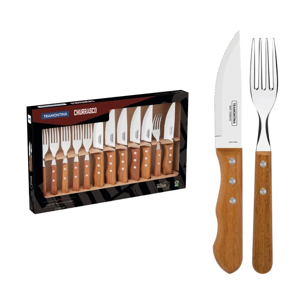 Jogo Talheres Tramontina para Churrasco Jumbo Inox com 12 Peças - Madeira