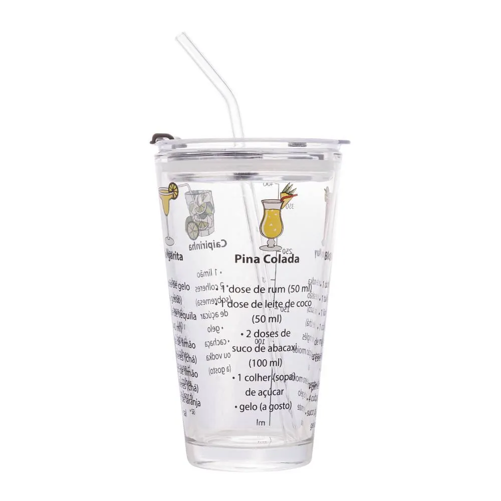 Copo Coqueteleira Lyor de Vidro com Canudo e Receitas - 450ml