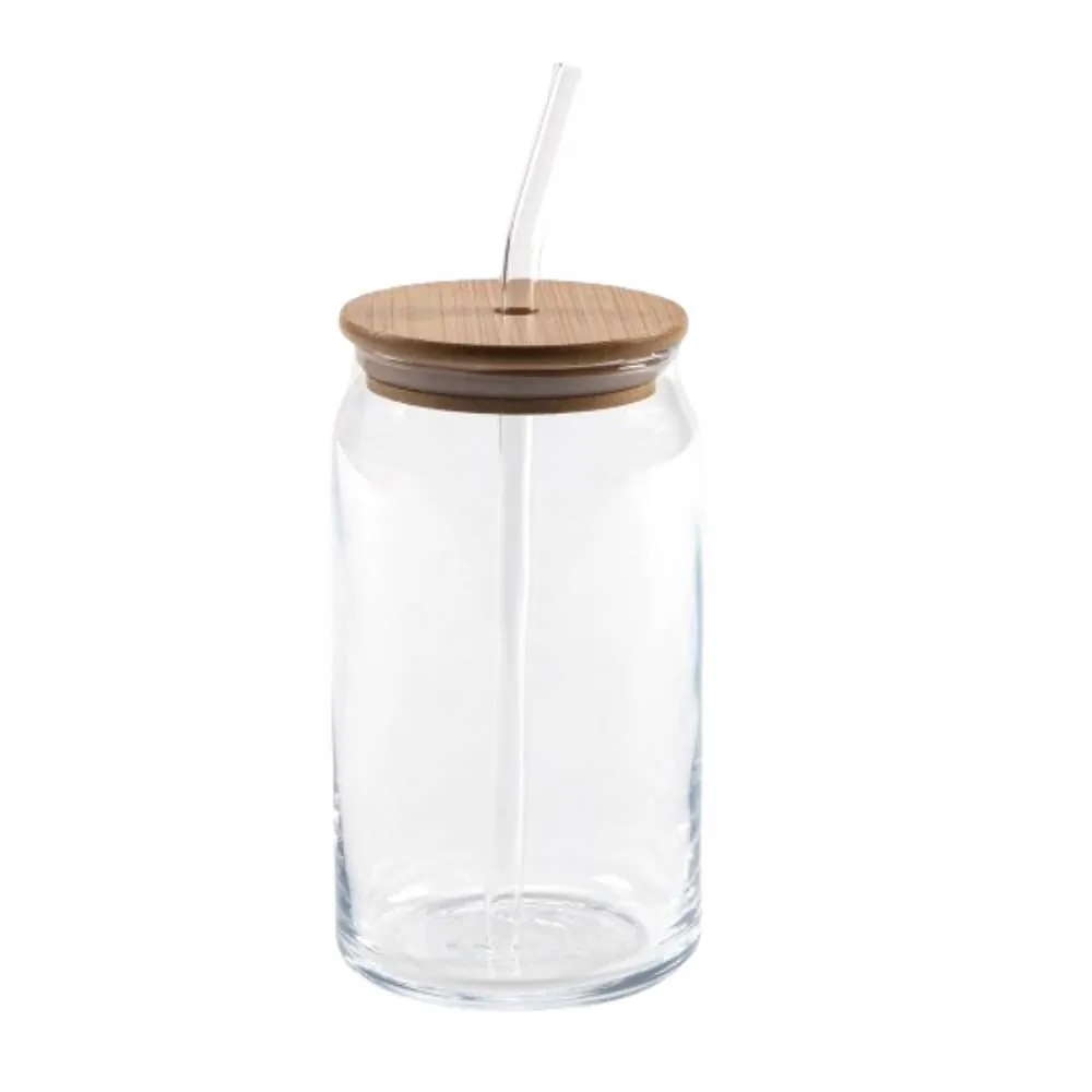 Copo de Vidro com Tampa de Bambu e Canudo Hauskraft - 500ml