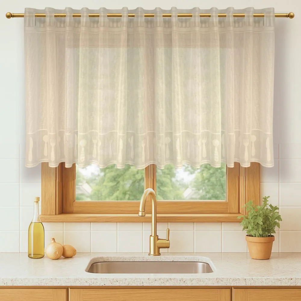 Cortina para Cozinha de Renda 2,00Mx80 cm Siena - Bege Talheres