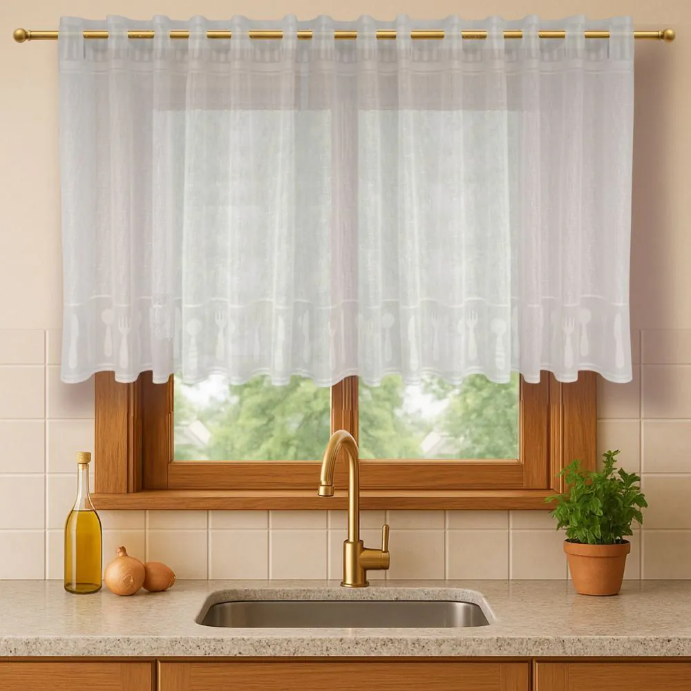 Cortina para Cozinha de Renda 2,00Mx80 cm Siena - Branca Talheres