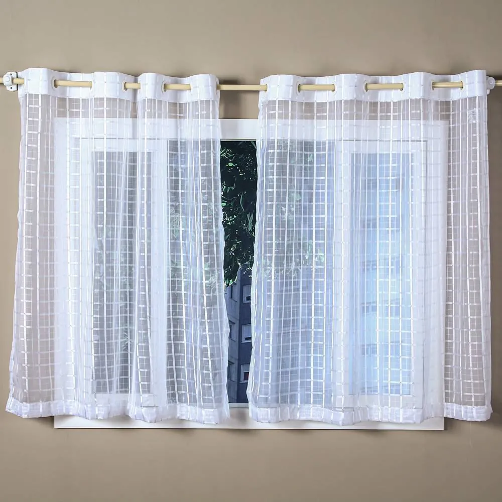 Cortina para Cozinha 2,60X1,20 Voil Xadrez - Branco