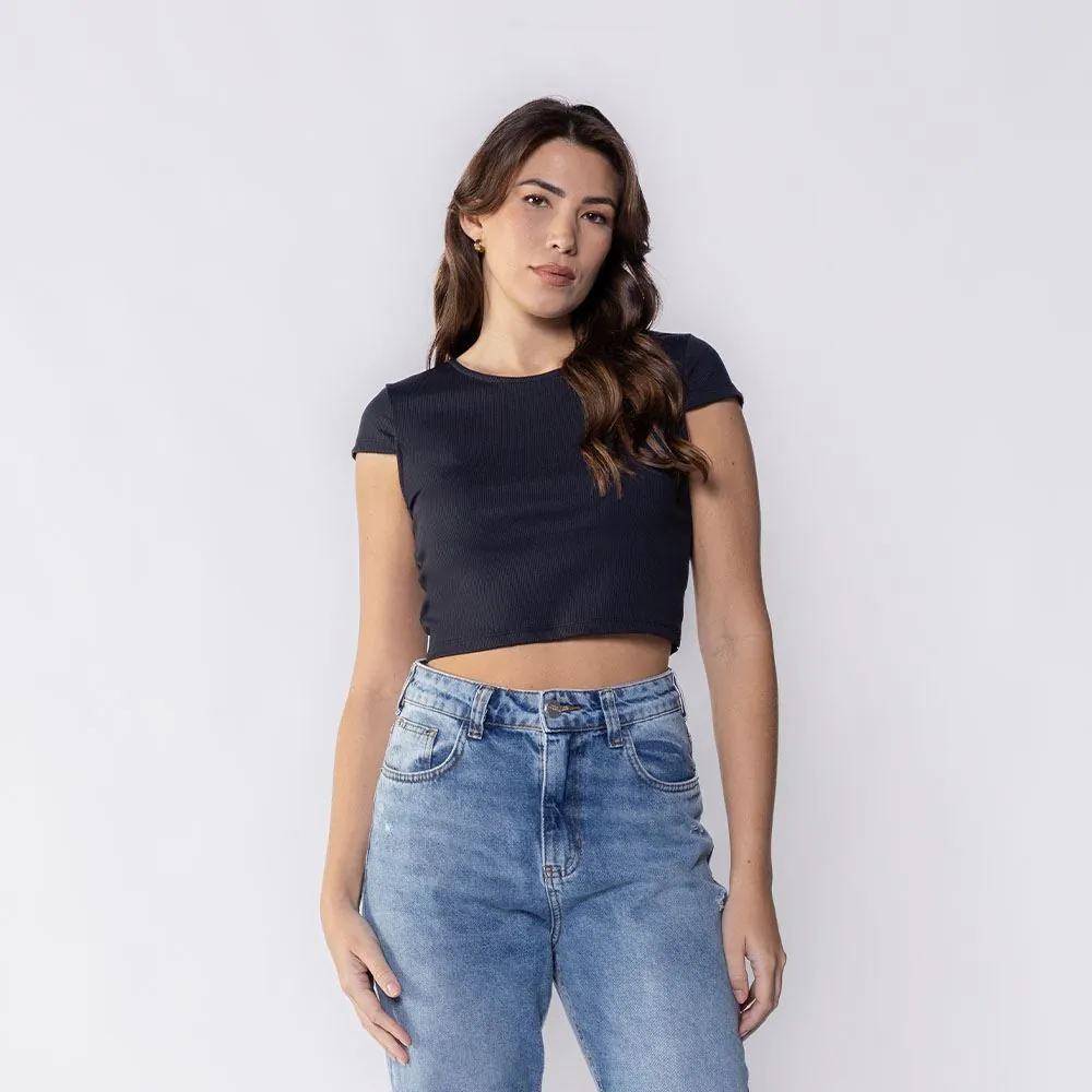 Cropped Feminino Canelado em Poliamida Boby Blues Preto