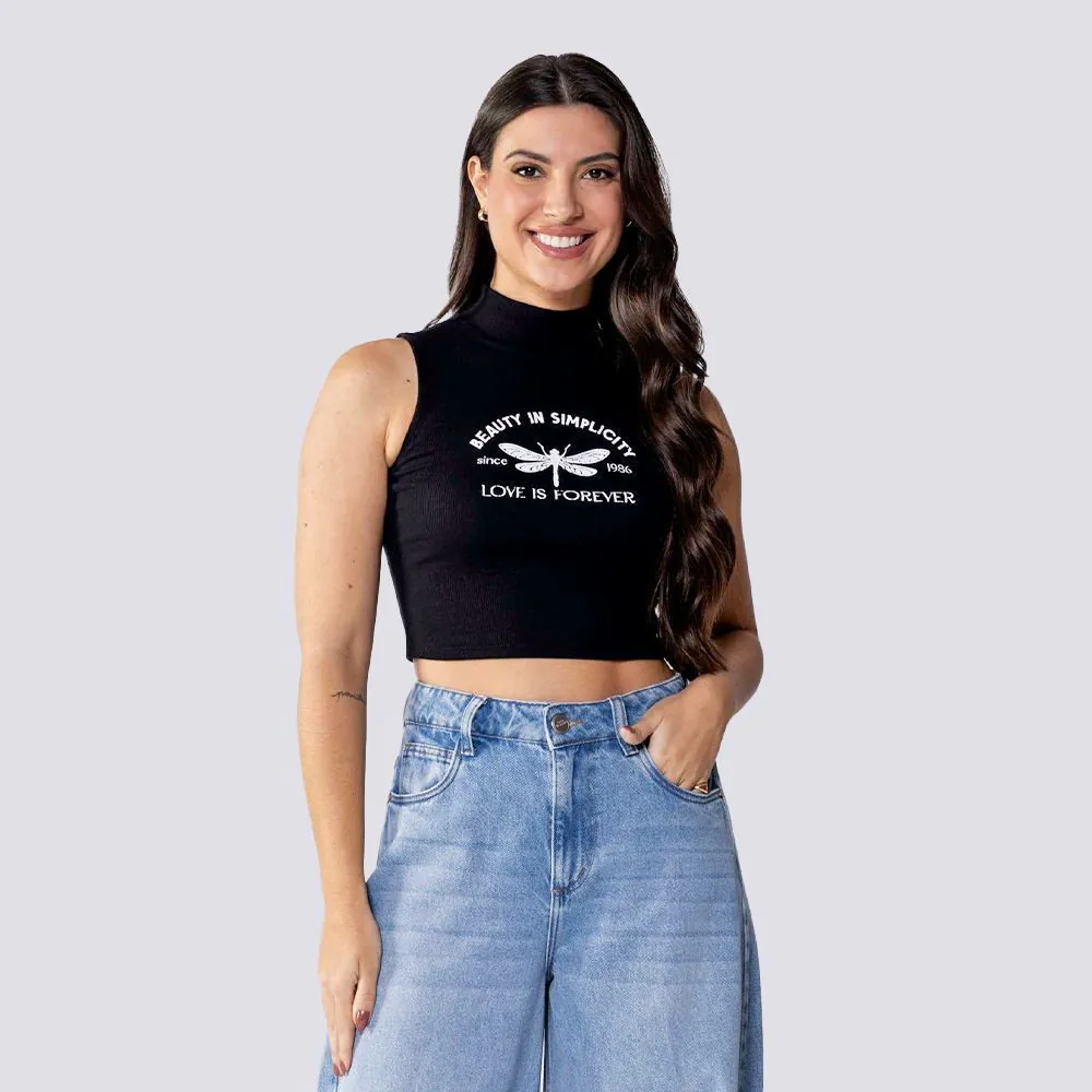 Cropped Feminino com Gola Alta Beauty Boby Blues Preto