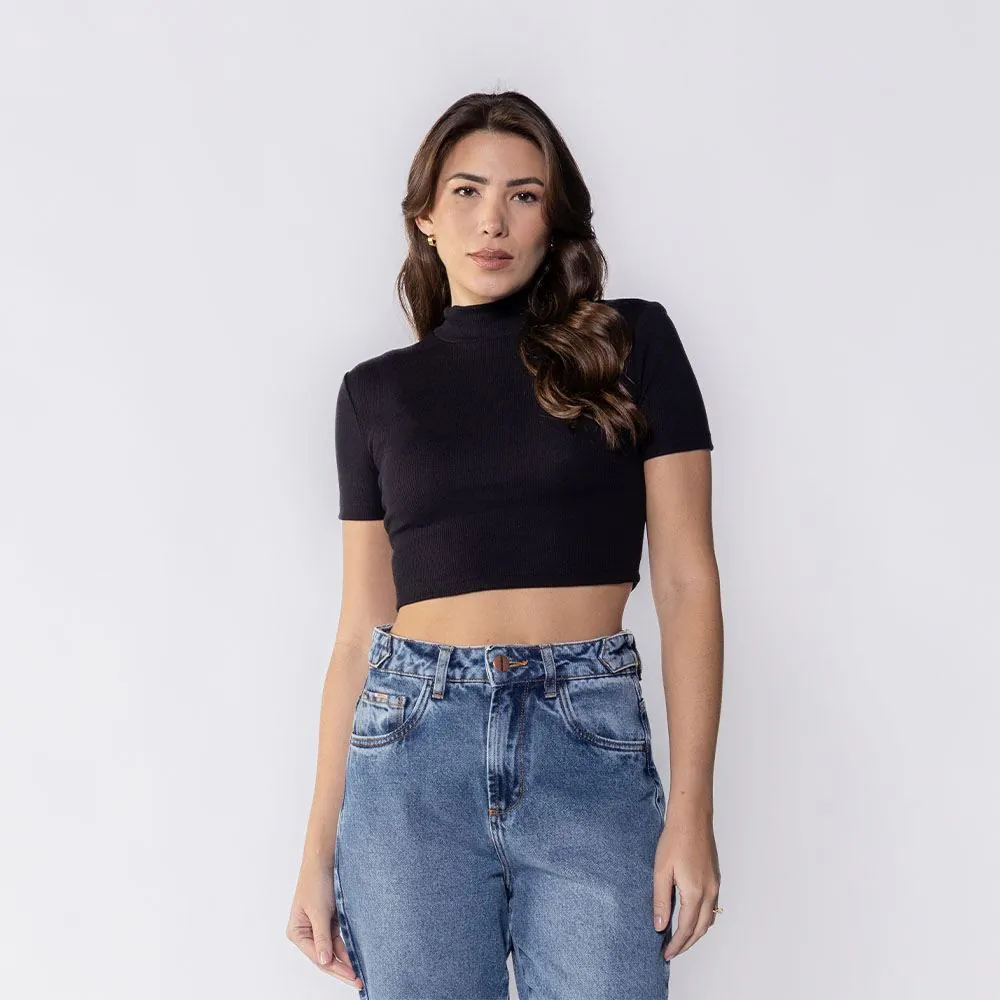 Cropped Feminino com Gola Alta Boby Blues Preto