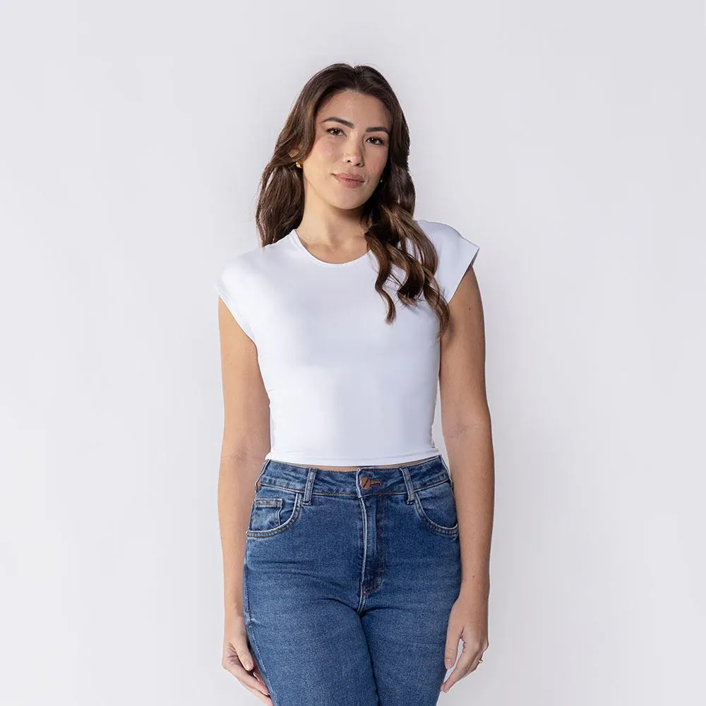 Cropped Feminino em Poliamida com Manga Japonesa Boby Blues Branco