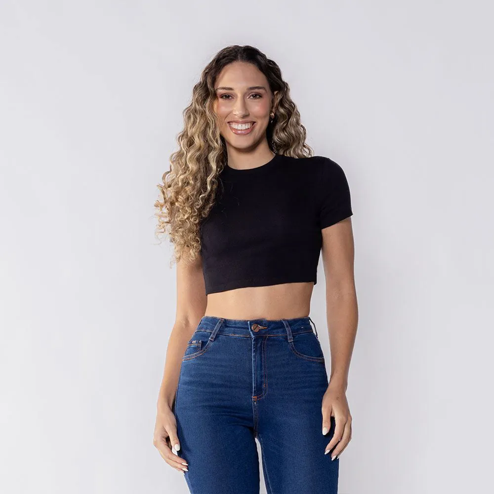 Cropped Feminino Gola Redonda em Ribana Boby Blues Preto