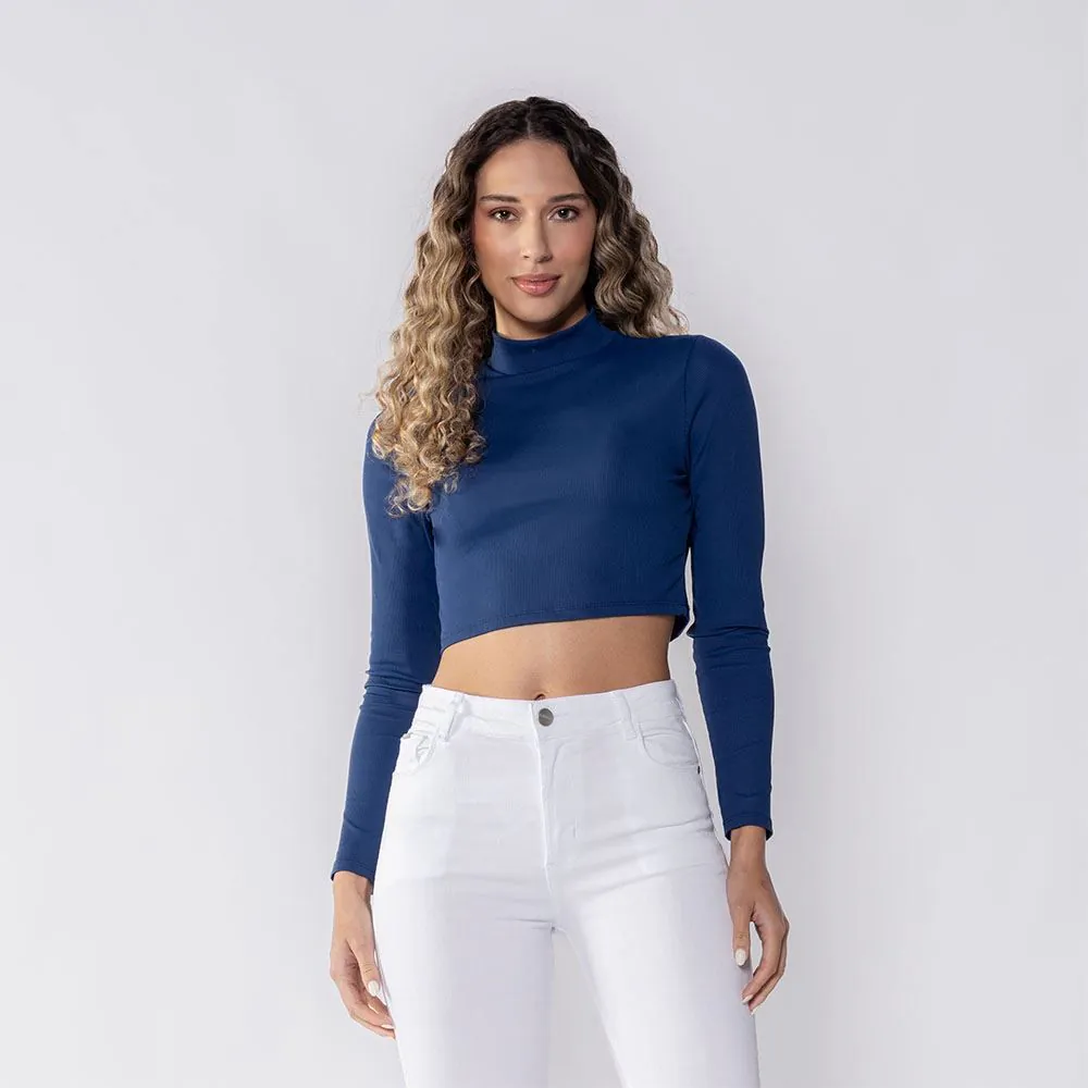 Cropped Feminino Manga Longa Canelado Patricia Foster Azul Marinho