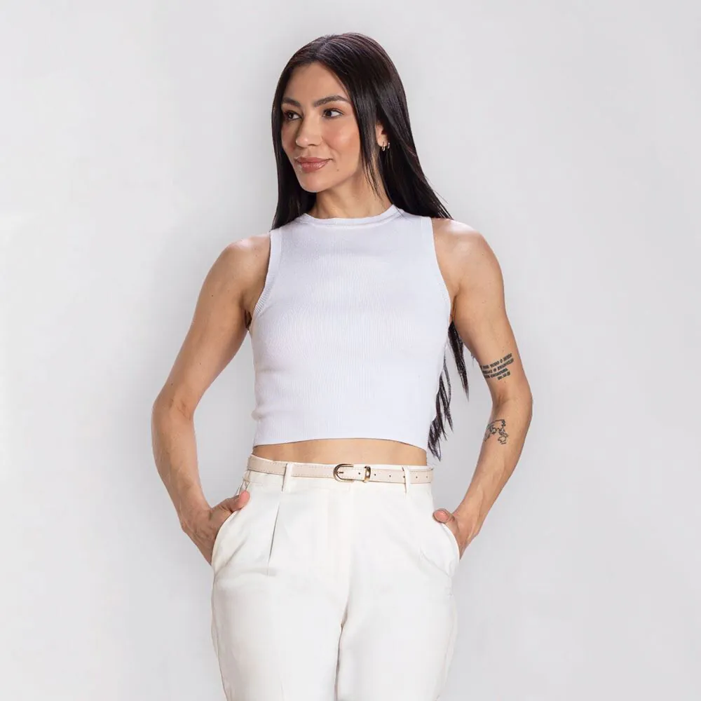 Cropped Regata Feminino Tricot Patricia Foster Branco