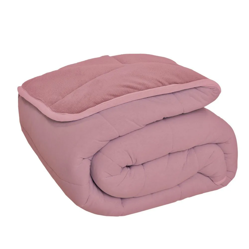 Edredom Solteiro Plush/Malha Liso Dupla Face - Rose