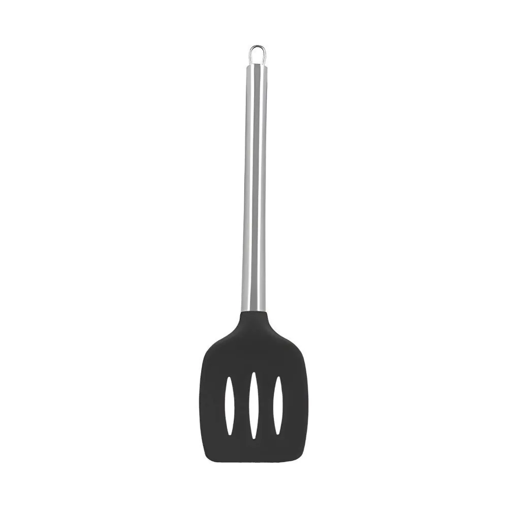 Espátula Vazada Silicone com Cabo Inox 35Cm - Preto