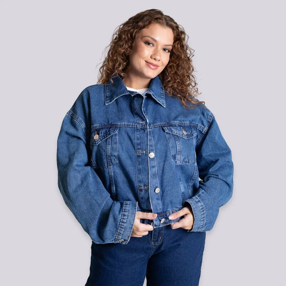 Jaqueta Jeans Feminina Sawary Plus Size Azul Medio