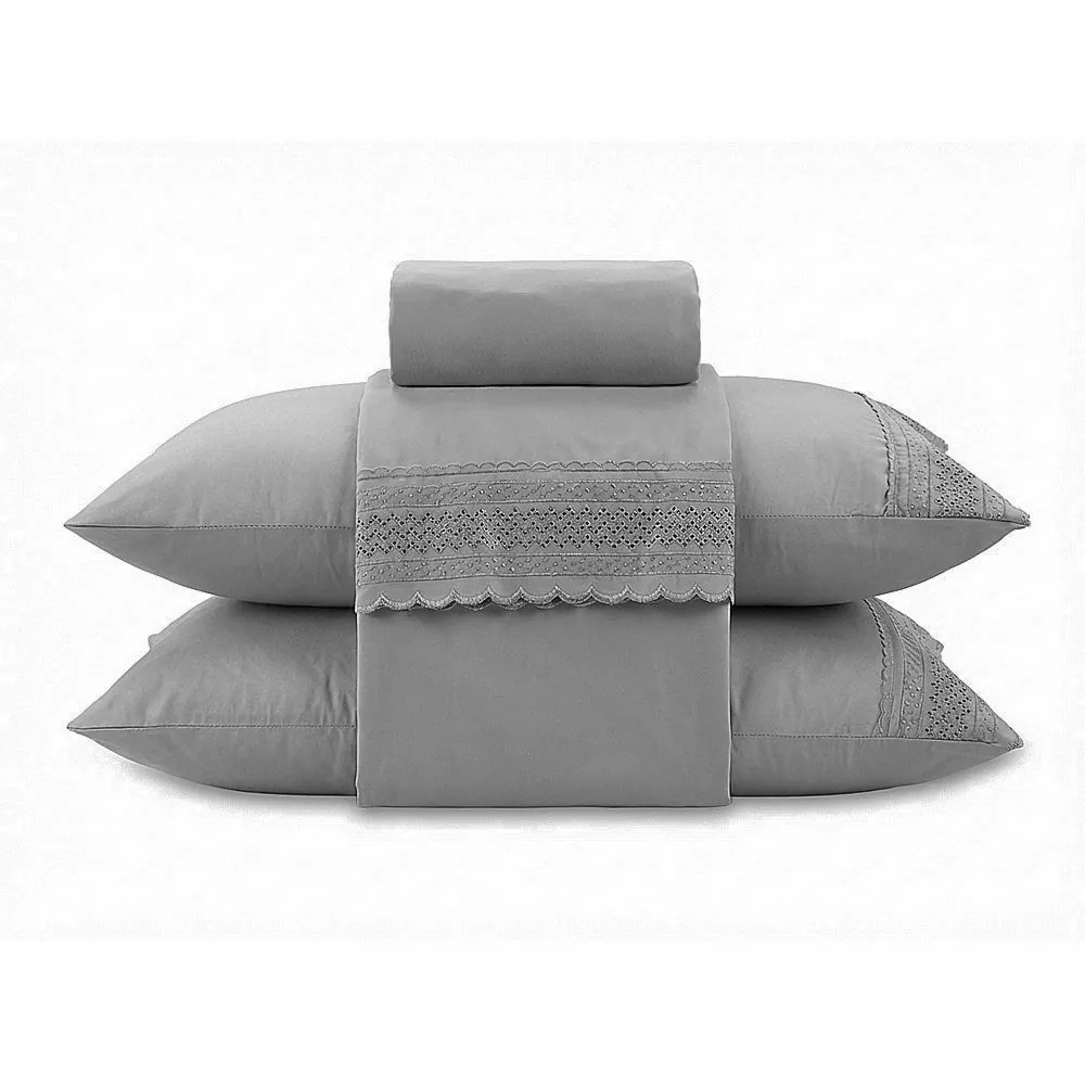 Jogo de Cama Casal Renda Imperial 4 pçs - Cinza Amianto