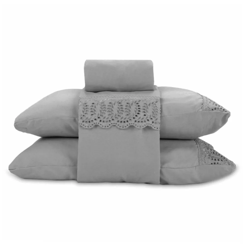 Jogo de Cama King Imperial com Renda 4 pçs - Cinza Amianto