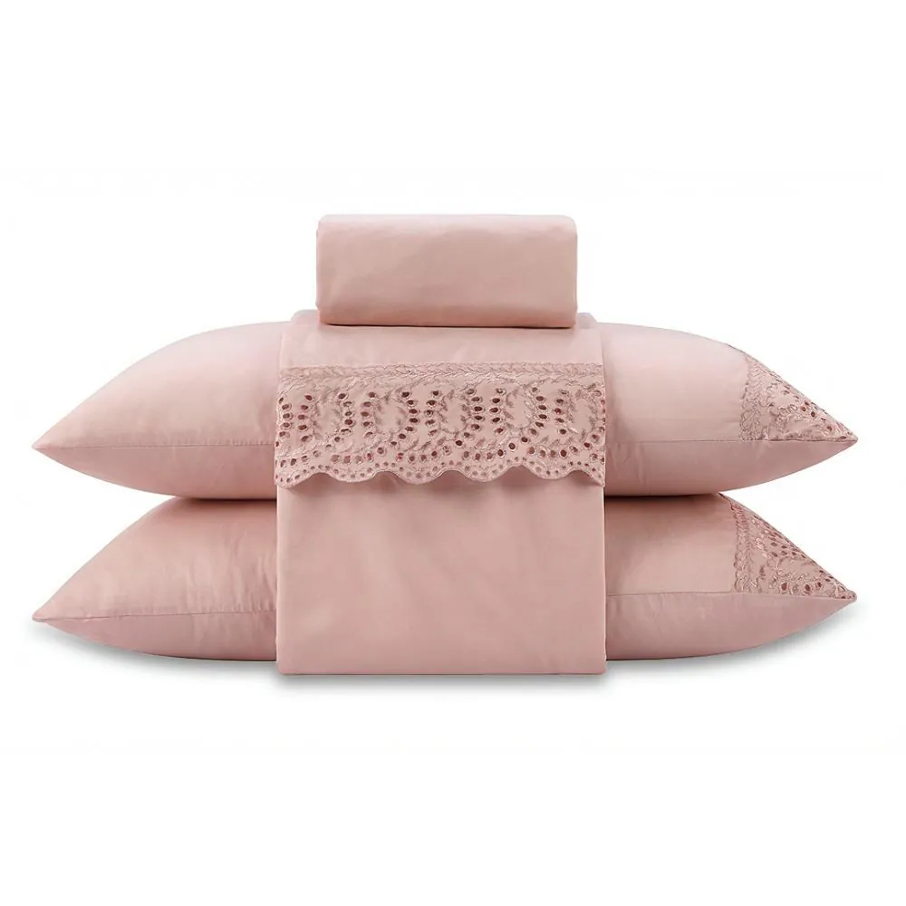 Jogo de Cama Queen com Renda 4 pçs - Rosa