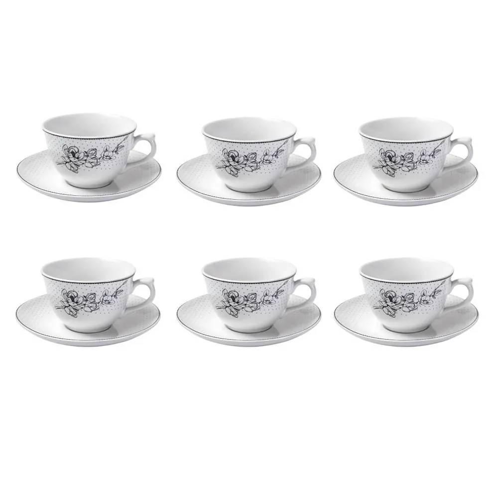 Jogo de Xícaras com Pires Porcelana Jasmine 12 Peças - Estampado