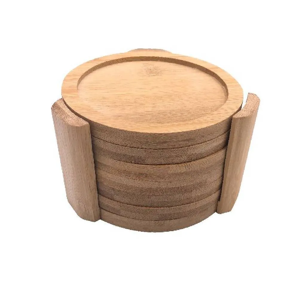 Jogo Descanso de Copo com Suporte Redondo 6 Peças - Bambu