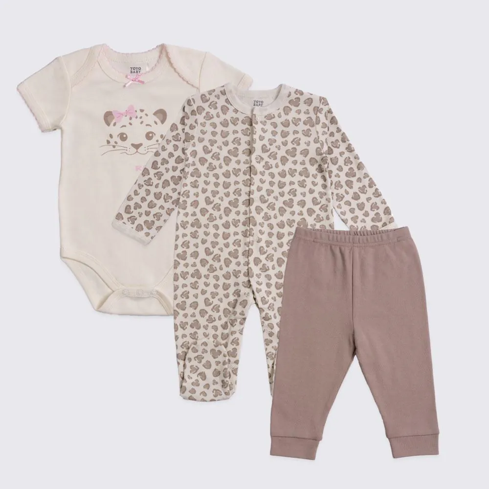 Kit Bebê Macacão, Body e Calça Yoyo Baby Bege Leoa