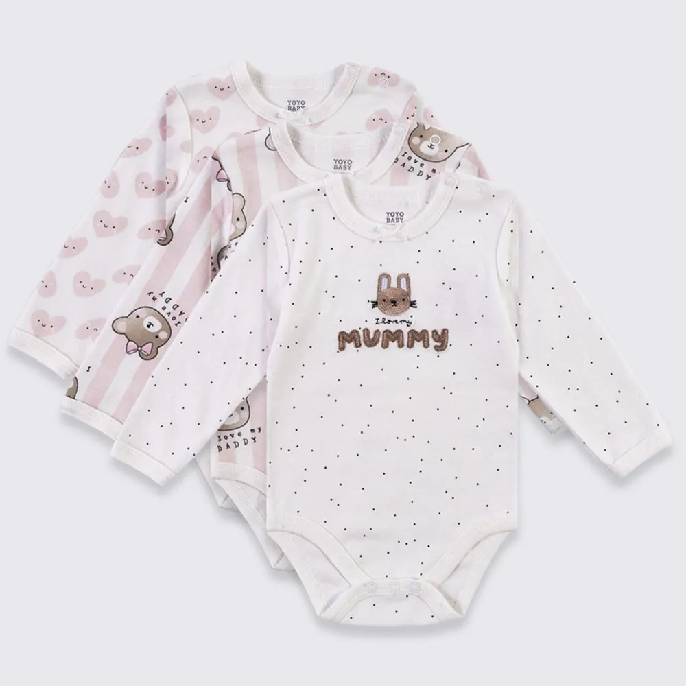 Kit Body Bebê Manga Longa 3 Peças Yoyo Baby Off White Ursinha
