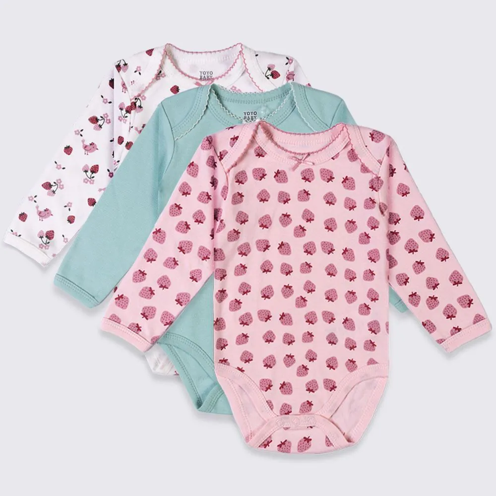 Kit Body Bebê Manga Longa 3 Peças Yoyo Baby Verde Agua Morangos