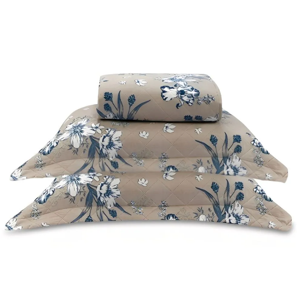 Kit Colcha Casal Estampada Versalhes/Napoli 3 Peças - Azul Linho