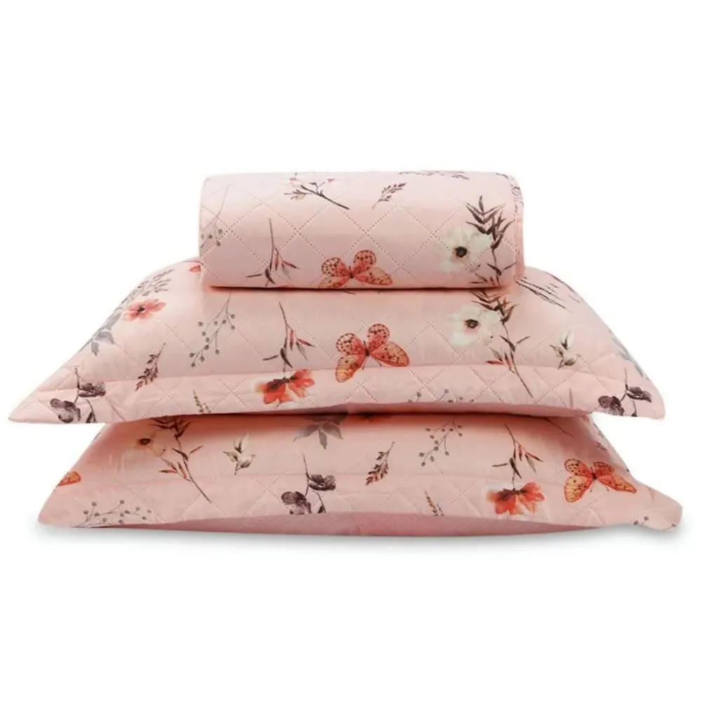 Kit Colcha Casal Estampada Versalhes/Napoli 3 Peças - Floral Borboleta Rose
