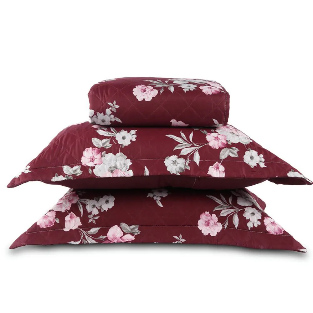 Kit Colcha Casal Estampada Versalhes/Napoli 3 Peças - Floral Vinho