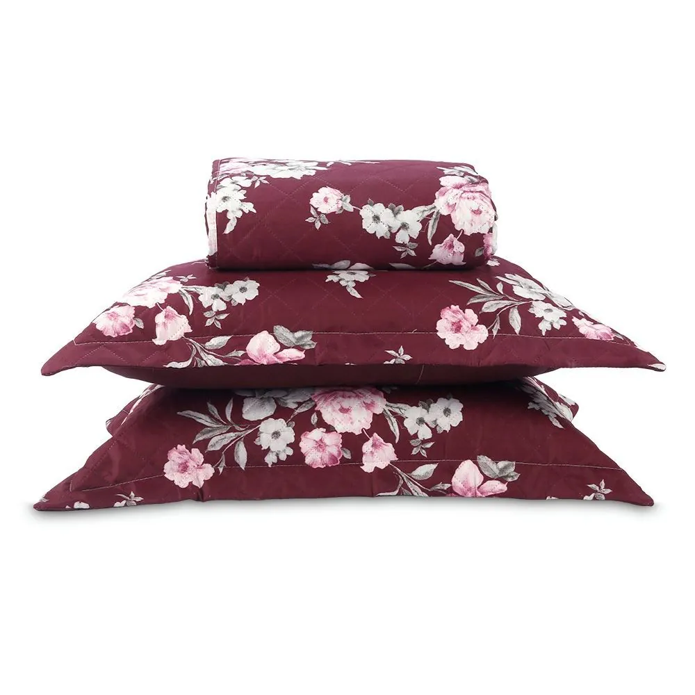 Kit Colcha Queen Estampada Versalhes/Napoli 3 Peças - Floral Vinho