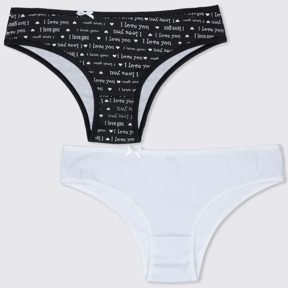 Kit com Duas Calcinhas Cotton Estampado Holla Pto Est Love/Bco