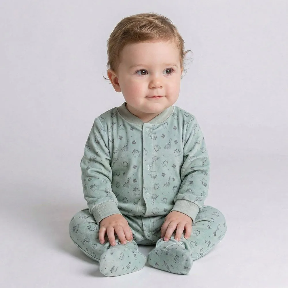 Macacão Bebê Menino em Plush com Pé Reversível Yoyo Baby Verde Dino