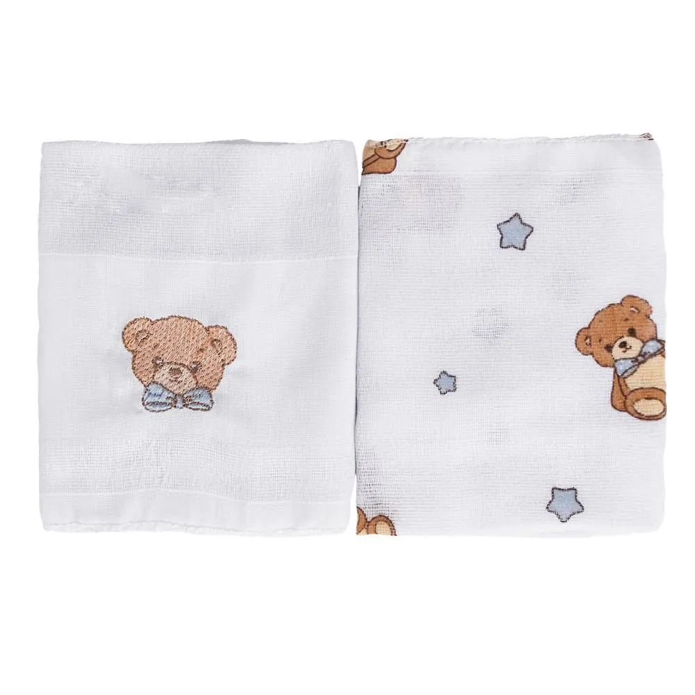 Kit Pano de Boca Bordado Baby 2 Peças - Urso Azul