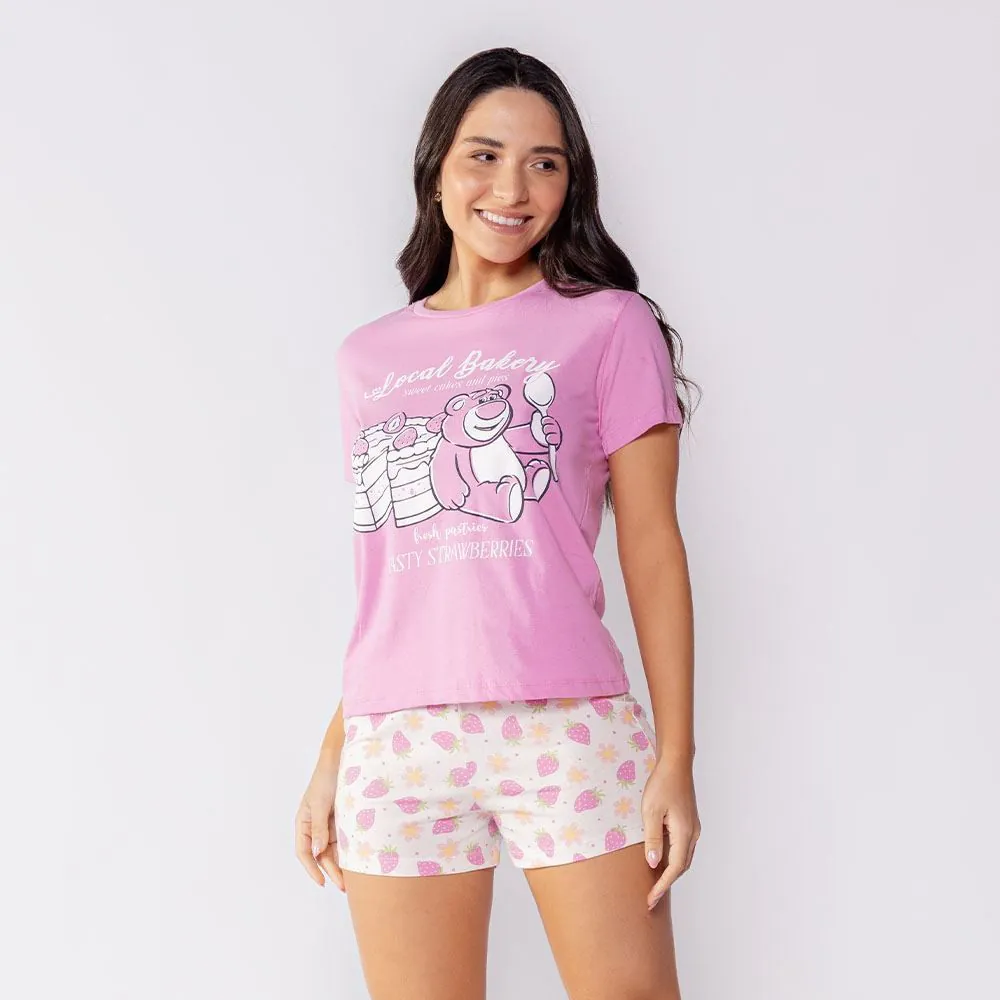Pijama Feminino Curto Lotso de Algodão Disney Rosa