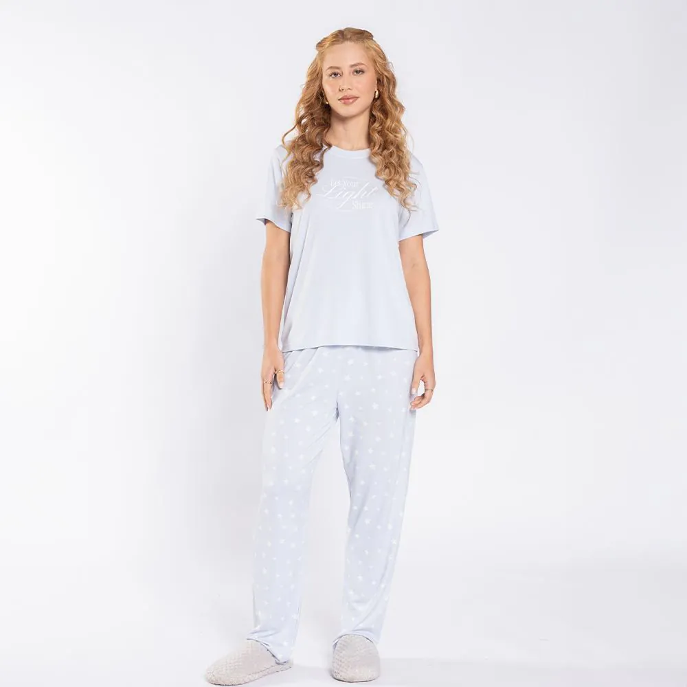 Pijama Feminino Calça e Manga Curta Camila Moretti Azul Ardosia Claro