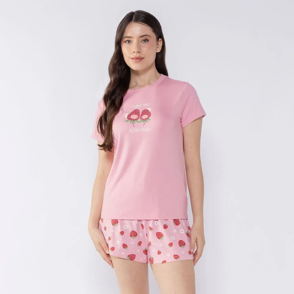 Pijama Feminino Curto de Morango Camila Moretti Rosa