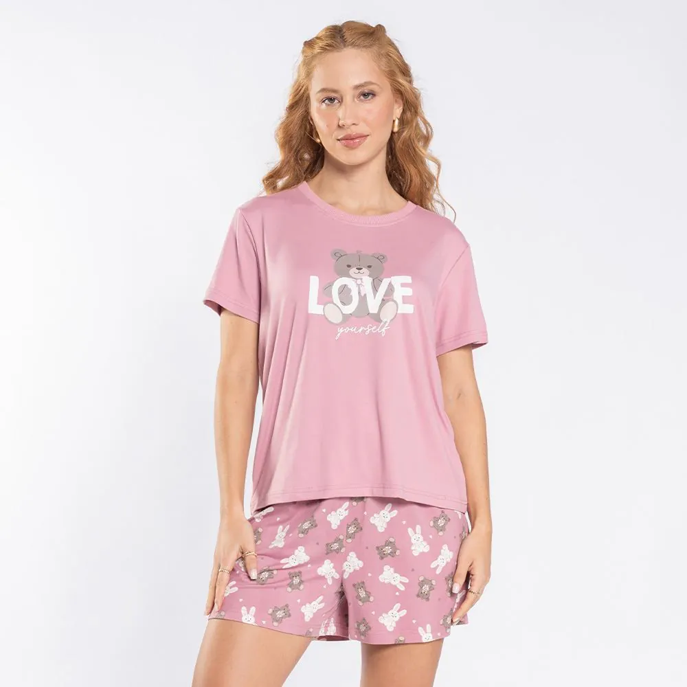 Pijama Feminino Curto Peletizado Camila Moretti Rosa Profundo
