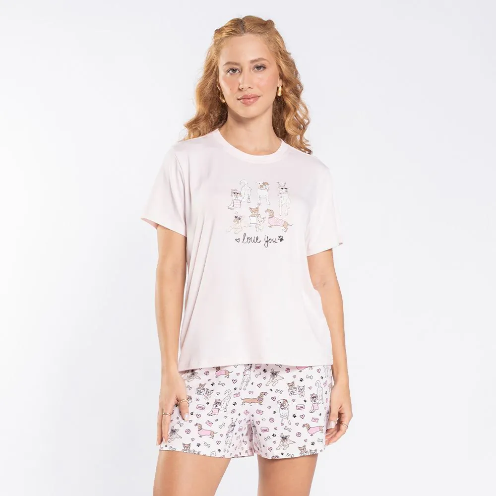 Pijama Feminino Curto Peletizado Camila Moretti Rosa Geranio