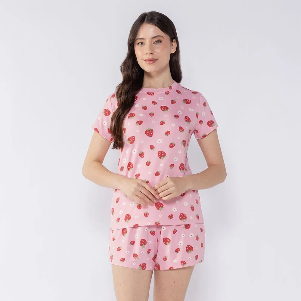 Pijama Feminino Curto de Morango Camila Moretti Rosa