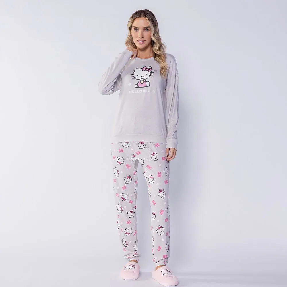 Pijama Feminino Longo em Malha Tricot Sanrio Hello Kitty