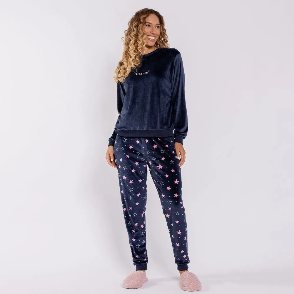Pijama Feminino Longo em Plush Star Girl Camila Moretti Azul Marinho