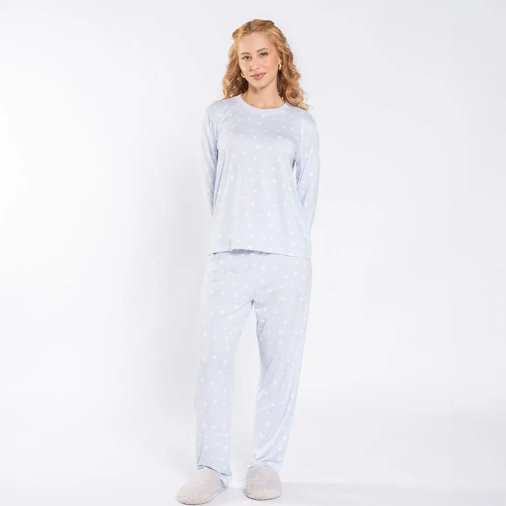 Pijama Feminino Longo Peletizado Camila Moretti Azul Ardosia Claro