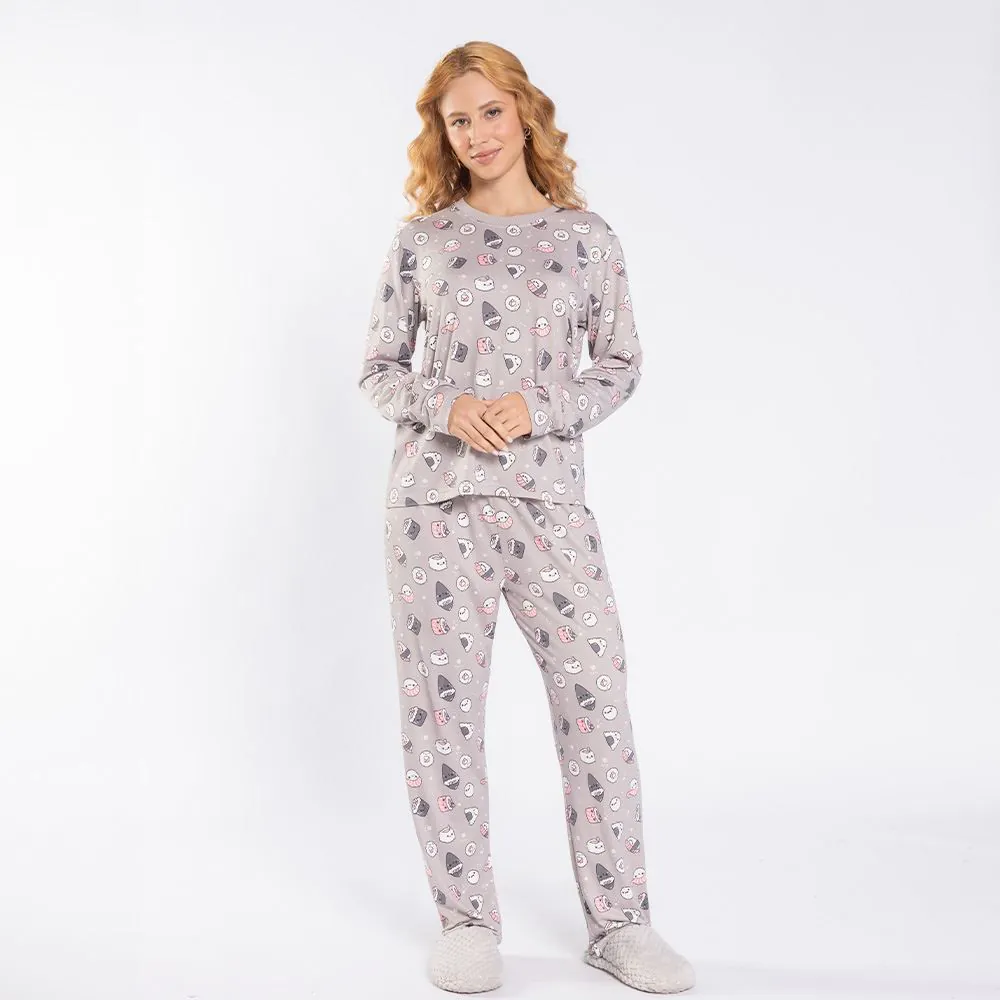 Pijama Feminino Longo Peletizado Camila Moretti Cinza Fosco