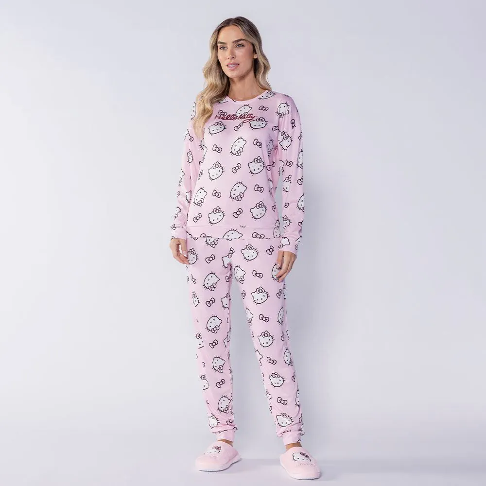 Pijama Feminino Longo em Malha Tricot Sanrio Hello Kitty